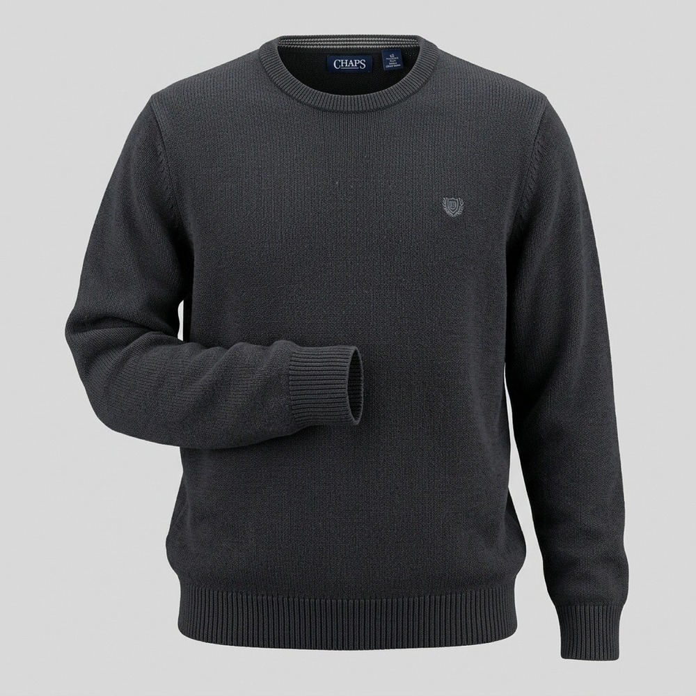 Chaps Mens Large Black Sweater Crewneck Long Sleeve Cotton Solid Logo Pullover